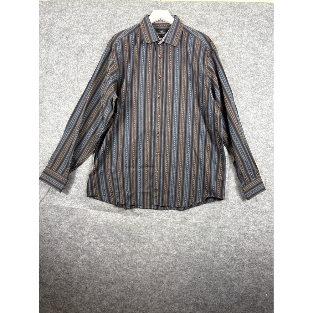 Bugatchi Uomo Mens XXL Brown Blue Striped Long Sleeve Button Down Cotton‎ Shirt